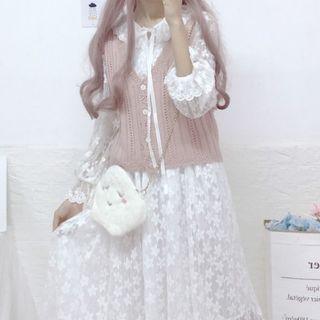 Puff-sleeve Midi A-line Lace Dress / Buttoned Knit Vest