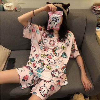Set: Printed Short-sleeve T-shirt + Shorts Pink - One Size