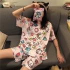 Set: Printed Short-sleeve T-shirt + Shorts Pink - One Size