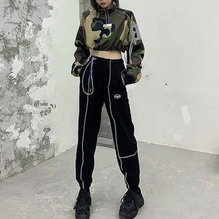 Set : Mock-turtleneck Camouflage Drawstring Cropped Sweatshirt + Drawstring Striped Gathered Cuff Pants