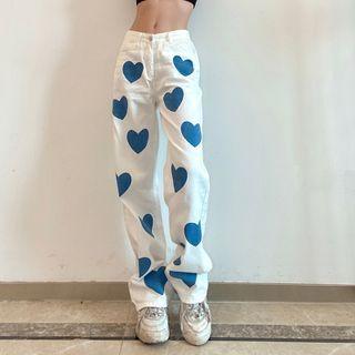 Heart-printed Straight Leg Jeans