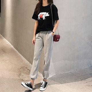 Set: Pig Print Short-sleeve T-shirt + Striped Harem Pants
