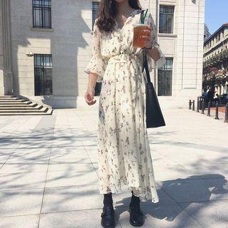 Wrap-front Floral Print Maxi Dress Ivory - One Size