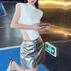 Sleeveless Shoulder Padded Top / Metallic Mini Skirt