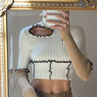 Lettuce Edge Cutout Ribbed Turtleneck Top