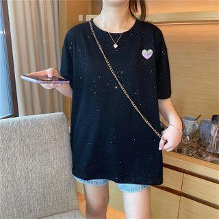 Short Sleeve Heart Embroidered Sequined T-shirt