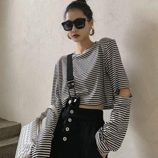 Long-sleeve Cutout Striped Cropped T-shirt