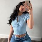 Cap-sleeve Half-button Cropped Knit Top