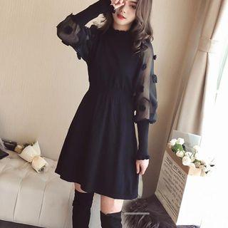 Mesh Panel Long-sleeve Knitted Dress