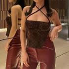 Plaid Ribbon-back Cropped Halter Top