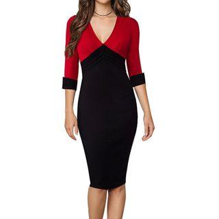 V-neck Two-tone 3/4-sleeve Sheath Dress