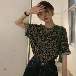Elbow-sleeve Floral Print T-shirt Khaki Floral - Black - One Size