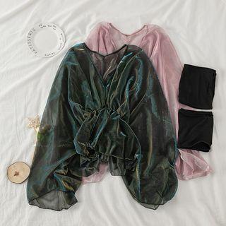 Set: V-neck Mesh Gathered-waist Top + Bandeau