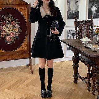 Long-sleeve Doll-collar Button-up A-line Dress