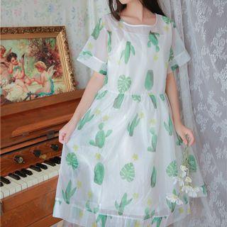 Cactus Print Short Sleeve Mesh Dress With Slipdress