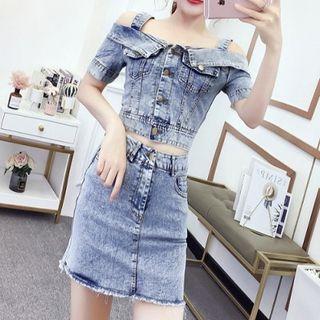 Set: Off-shoulder Short-sleeve Denim Crop Top + Denim Skirt