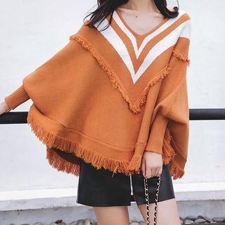 V-neck Fringed Dolman-sleeve Knit Top