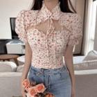 Puff-sleeve Floral Cutout Front Blouse