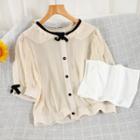 Elbow-sleeve Lace Trim Button-up Blouse + Tube Top Tube Top - White - One Size / Blouse - Almond - One Size