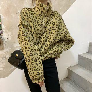 Stand Collar Zipped Detail Leopard Pattern Top