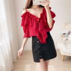 Bell-sleeve Cold-shoulder Ruffled Blouse