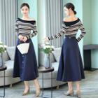 Set: Long-sleeve Striped Knit Top + A-line Midi Skirt