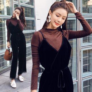 Set: Mock Neck Long-sleeve Knit Top + Velvet Jumper Pants