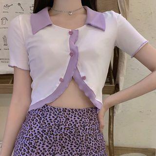 Short-sleeve Button T-shirt / Leopard Print Mini Fitted Skirt