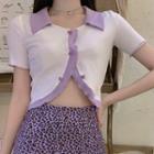 Short-sleeve Button T-shirt / Leopard Print Mini Fitted Skirt