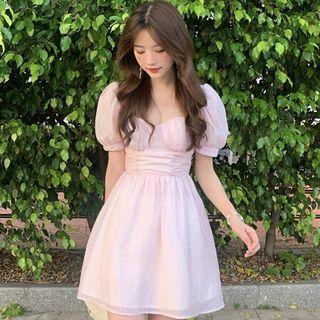 Short-sleeve Square Neck Plain Mini A-line Dress