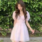 Short-sleeve Square Neck Plain Mini A-line Dress