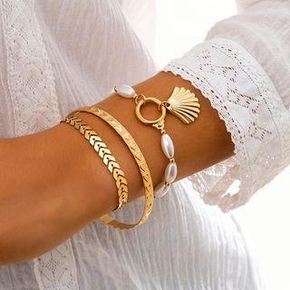 Set Of 3: Shell Faux Pearl Alloy Bracelet + Alloy Bracelet + Alloy Bangle