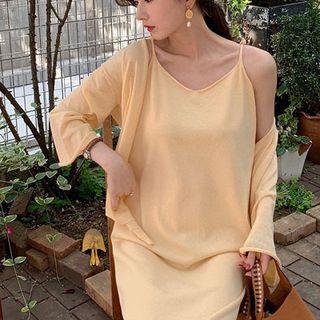 Plain Cardigan + Spaghetti-strap Split Hem Plain Dress