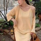 Plain Cardigan + Spaghetti-strap Split Hem Plain Dress