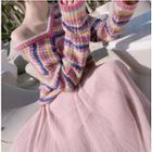 V-neck Striped Sweater / Midi A-line Skirt / Set