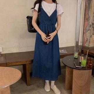 Spaghetti Strap Denim Midi A-line Dress / Short-sleeve T-shirt