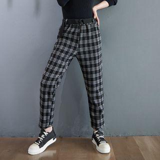 Drawstring High-waist Plaid Straight-leg Pants