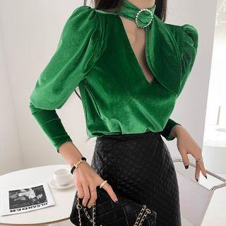 Mutton-sleeve Velvet Blouse With Scarf