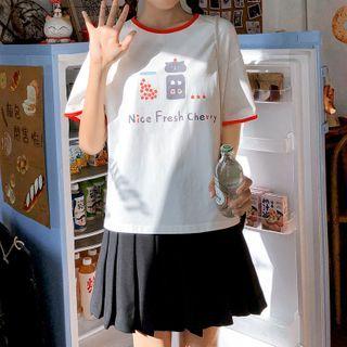 Contrast-trim Cat & Cherry Print Oversize Tee Off-white - One Size