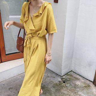 Plain Frill Trim Elbow Sleeve Shirt Dress