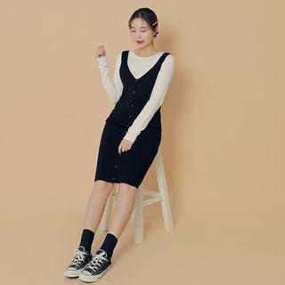 Set: Top + Buttoned Knit Pinafore Dress