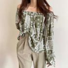 Long-sleeve Off-shoulder Paisley Print Top