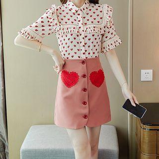 Set: Short-sleeve Print Shirt + Mini A-line Skirt