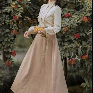 Long-sleeve Mock Two-piece Ruffled Midi Dress