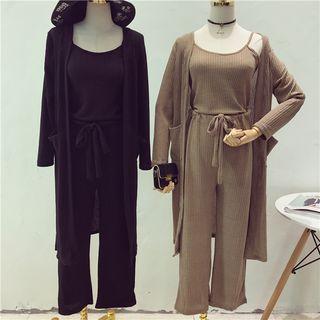 Set: Ribbed Camisole Top + Wide Leg Pants + Long Cardigan