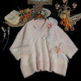 Floral-accent Fluffy Sweater