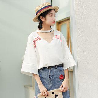 Lettering Short-sleeve Choker T-shirt