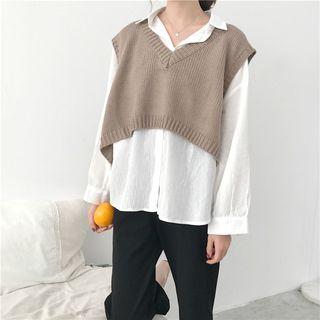 Plain Loose-fit V-neck Cropped Knit Vest