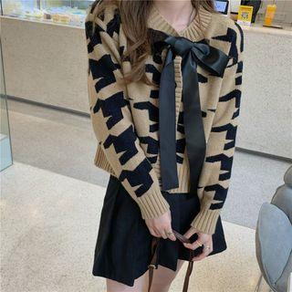 Bow Houndstooth Cropped Cardigan Khaki - One Size
