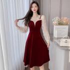 Long-sleeve Lace-panel Velvet A-line Dress